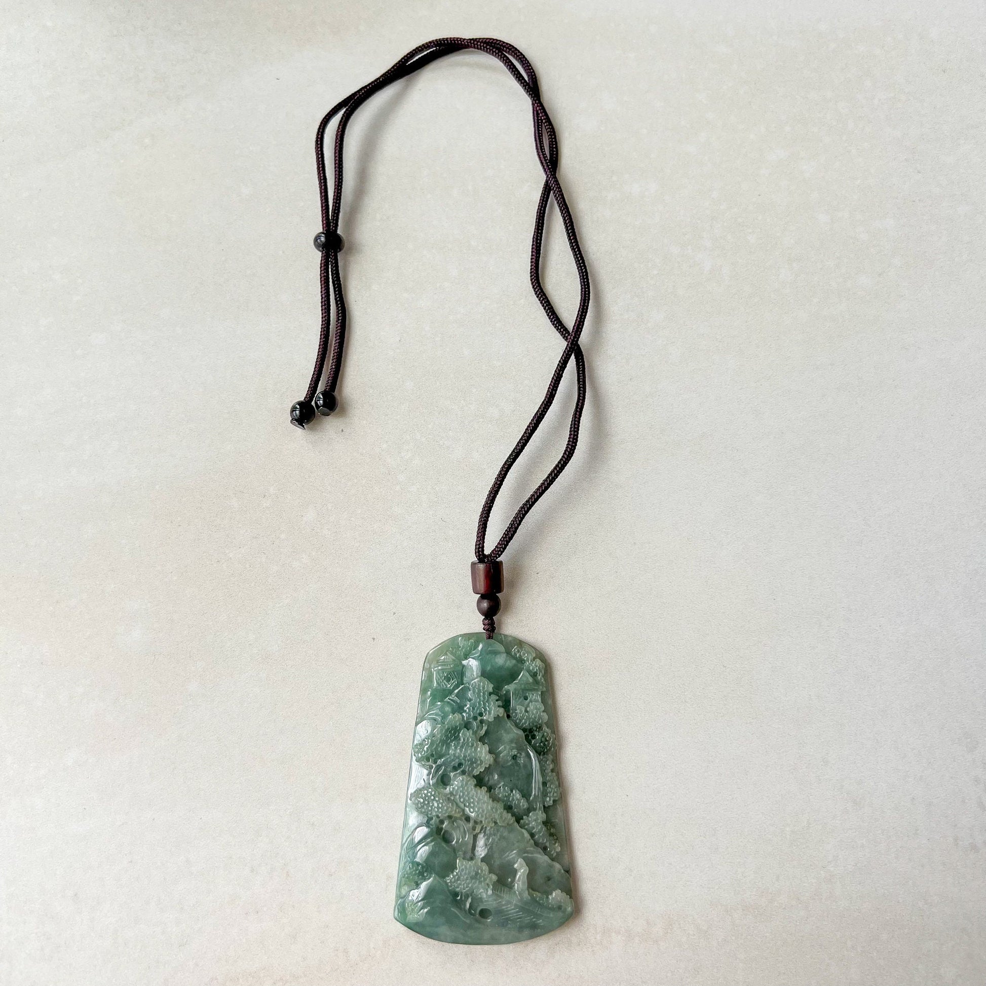 Jadeite Jade Landscape Mountain Forest River Tree, Scenery Hand Carved Pendant Necklace, YJ-0622-0389293 - AriaDesignCollection