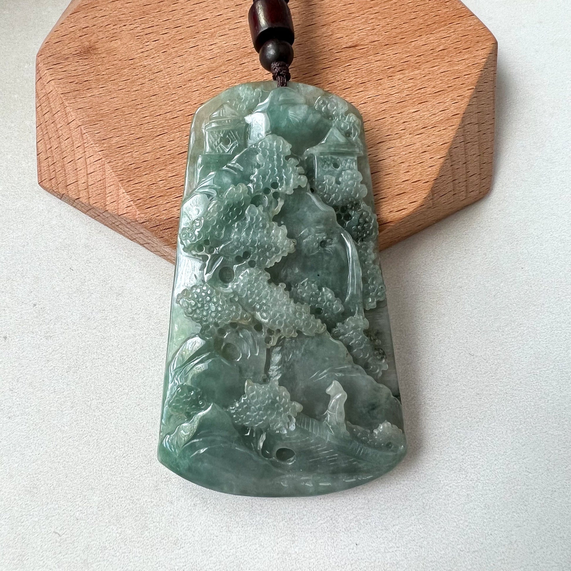 Jadeite Jade Landscape Mountain Forest River Tree, Scenery Hand Carved Pendant Necklace, YJ-0622-0389293 - AriaDesignCollection