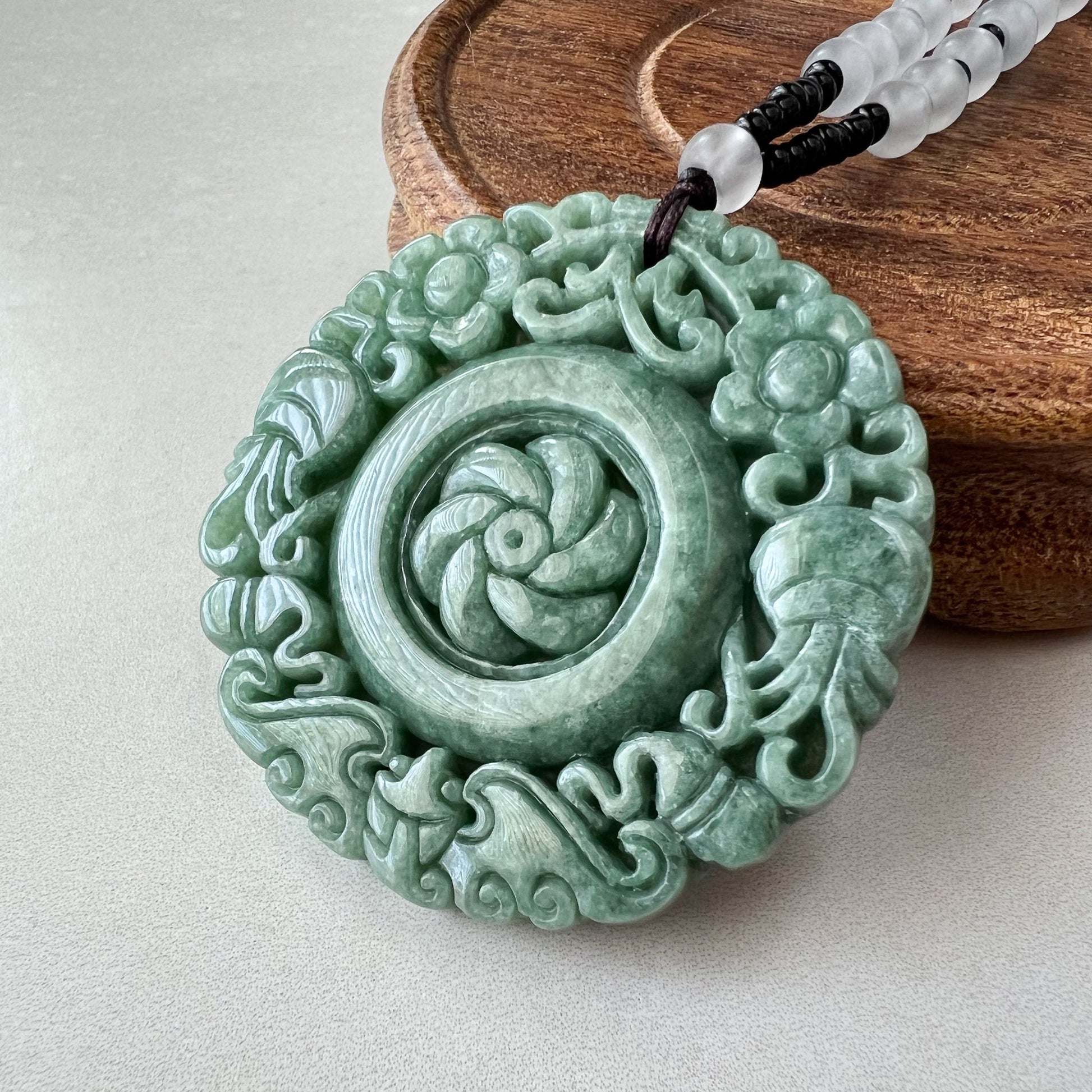 Large Green Jadeite Jade Flower Swirl Necklace, YJ-0622-0441823 - AriaDesignCollection