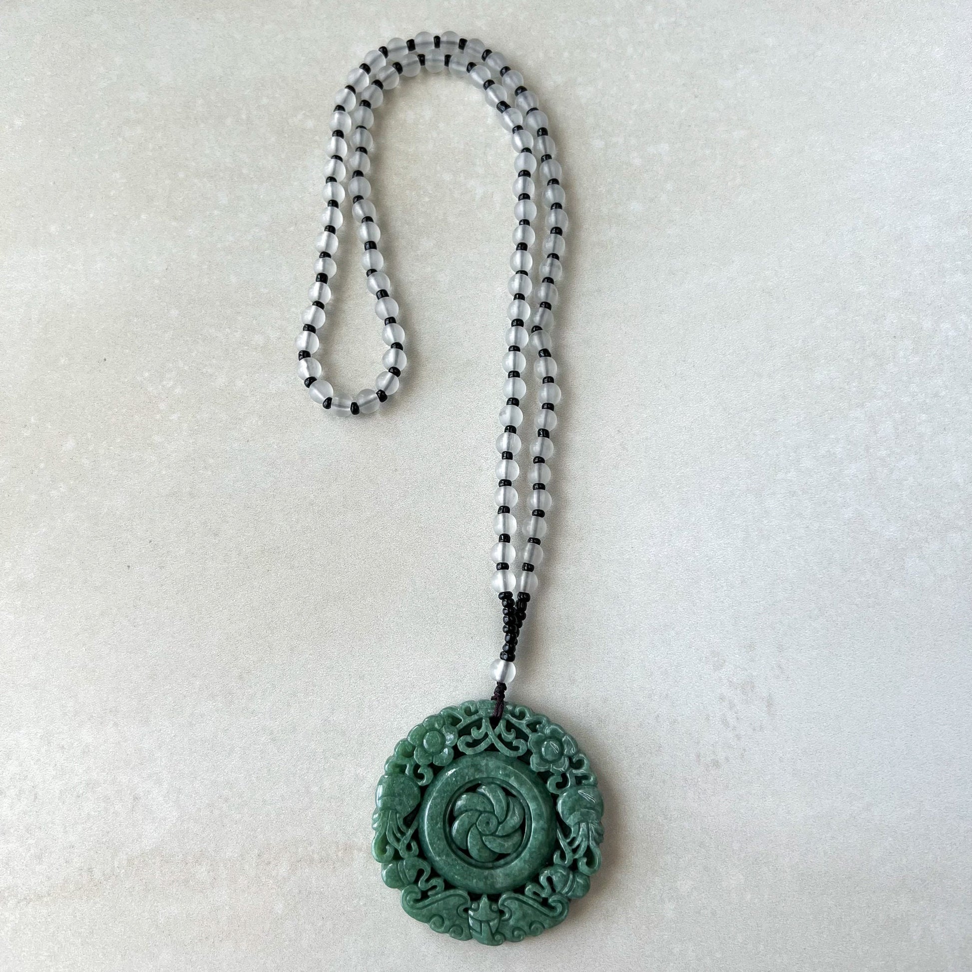 Large Green Jadeite Jade Flower Swirl Necklace, YJ-0622-0441823 - AriaDesignCollection