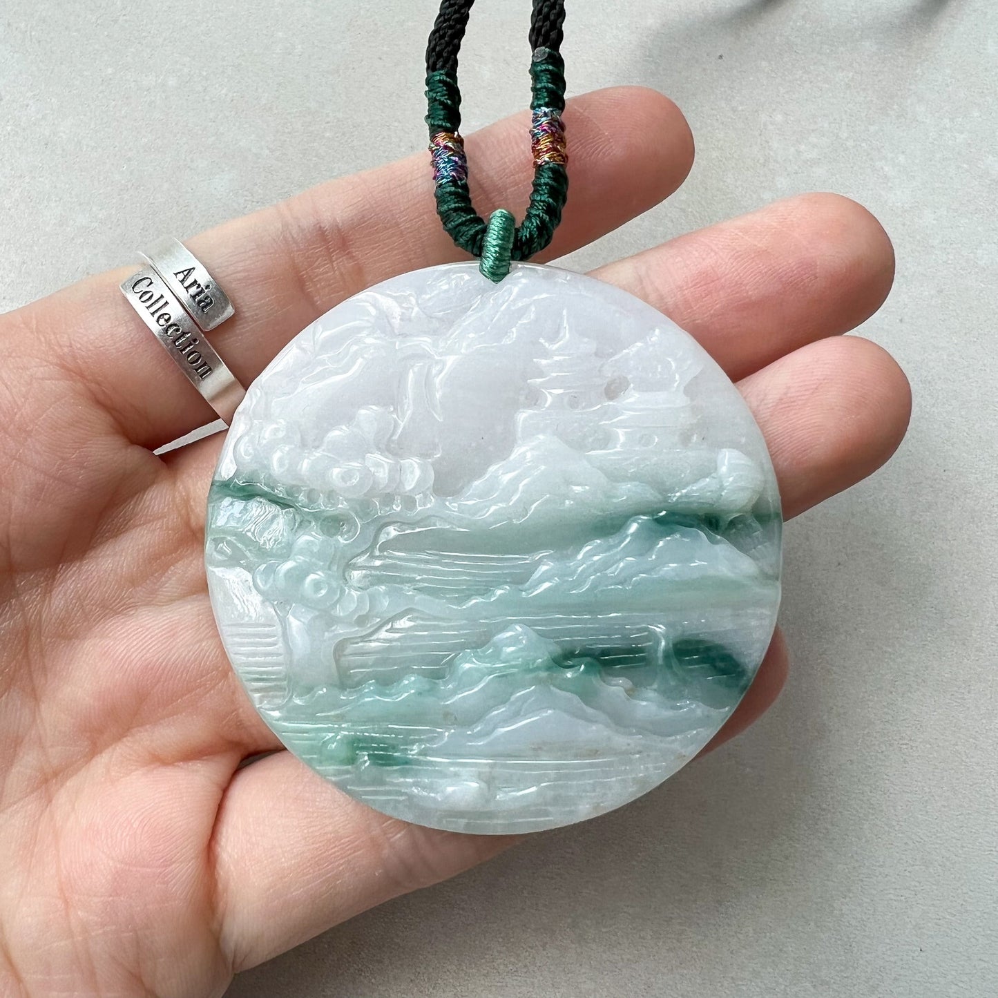 Jadeite Jade Landscape Mountain Forest River Scenery Hand Carved Pendant Necklace, YJ-0622-0389315 - AriaDesignCollection