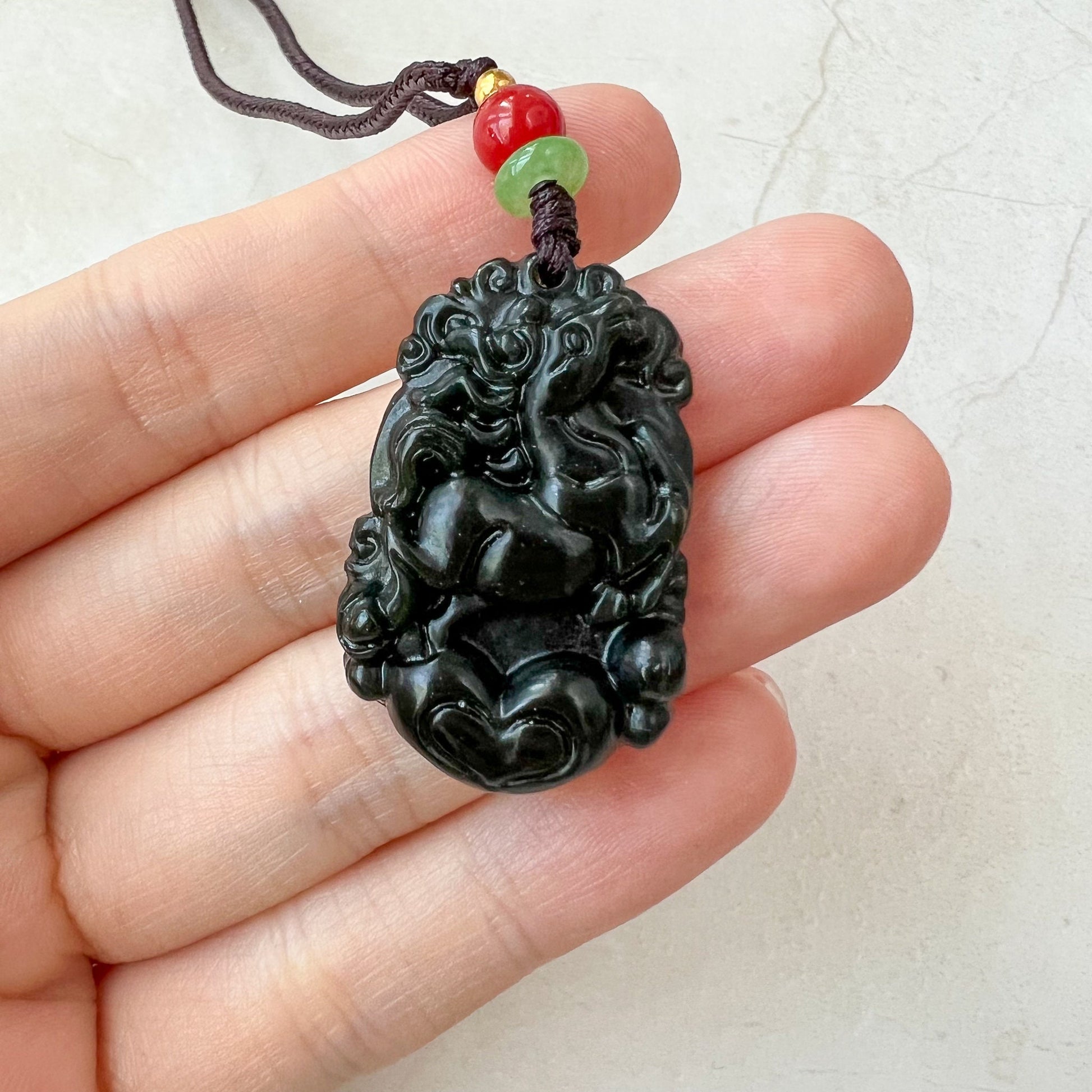 Dark Green Horse Nephrite Jade Chinese Zodiac Carved Pendant Necklace, RM-1221-1657826668 - AriaDesignCollection