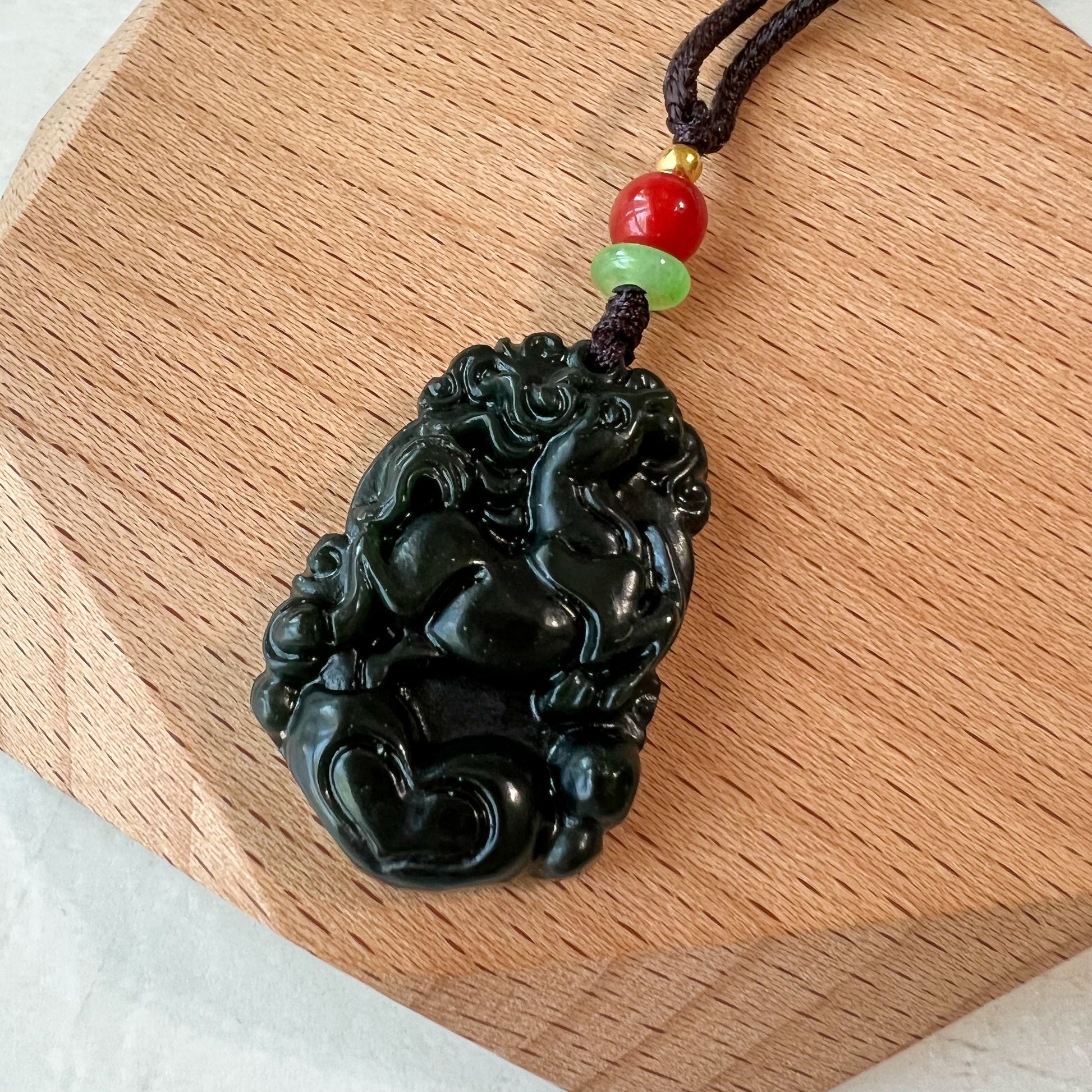 Dark Green Horse Nephrite Jade Chinese Zodiac Carved Pendant Necklace, RM-1221-1657826668 - AriaDesignCollection