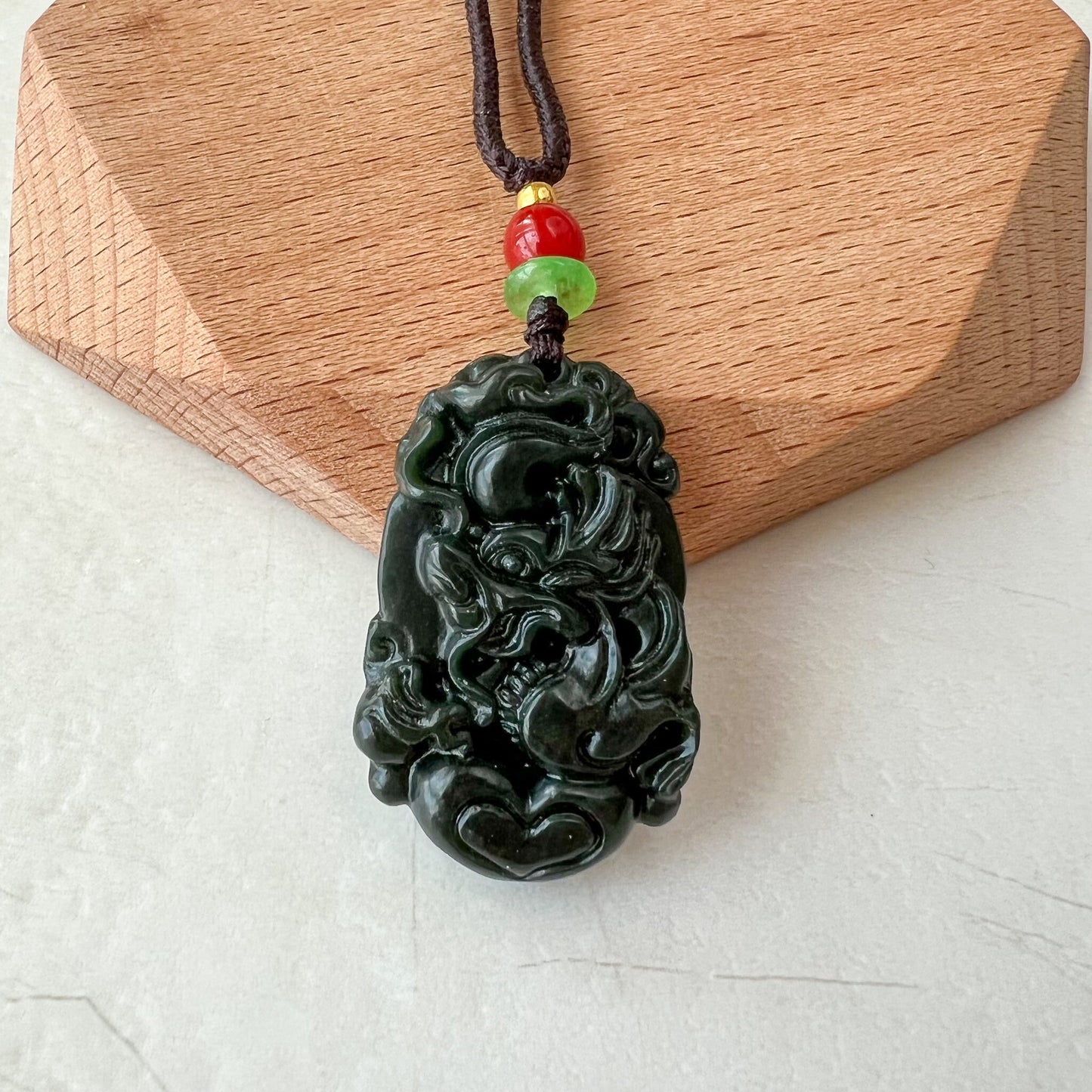 Dark Green, Nephrite Jade Dragon Zodiac Hand Carved Necklace, RM-1221-1657829558 - AriaDesignCollection