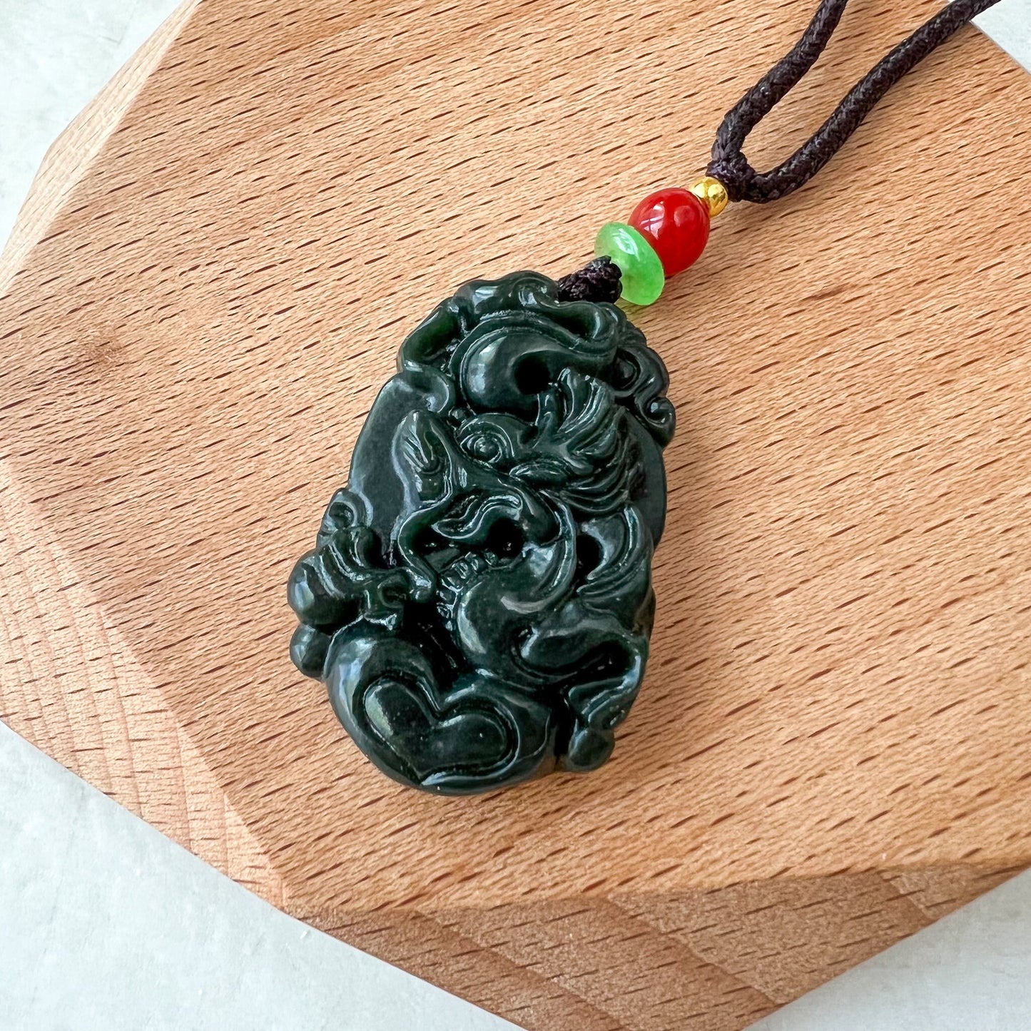 Dark Green, Nephrite Jade Dragon Zodiac Hand Carved Necklace, RM-1221-1657829558 - AriaDesignCollection