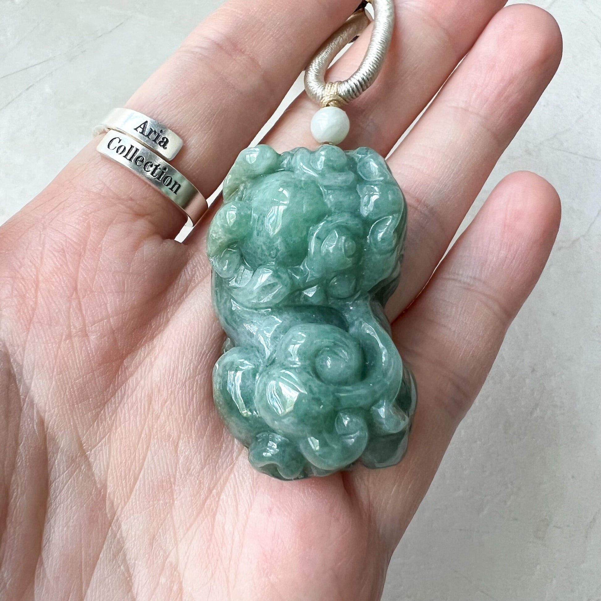 Green Jadeite Jade, Dragon Pixiu Pi Xiu, 貔貅, Dragon Chinese Carved Pendant, YJ-0322-0409131 - AriaDesignCollection