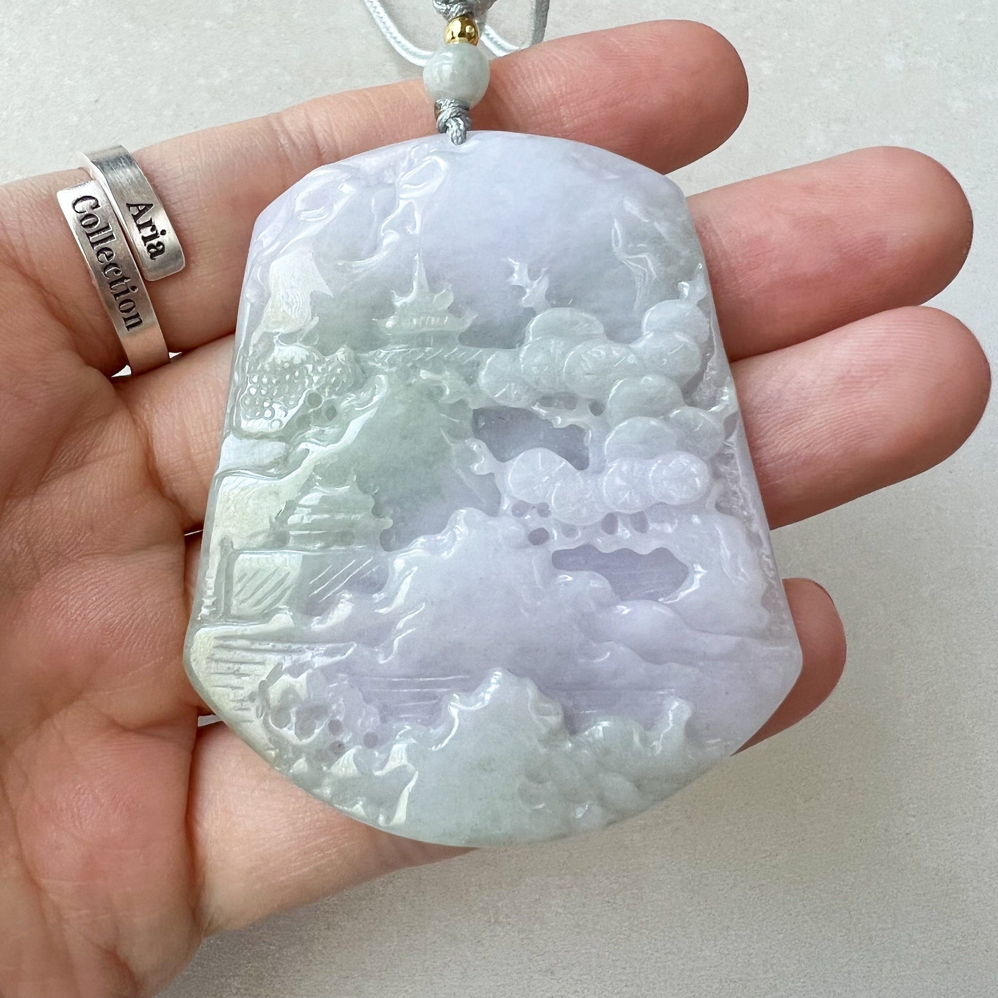 Purple Green Jade, Jadeite Jade Tree, Landscape Mountain Forest River Scenery Hand Carved Pendant Necklace, HYFC-0622-1659050470 - AriaDesignCollection