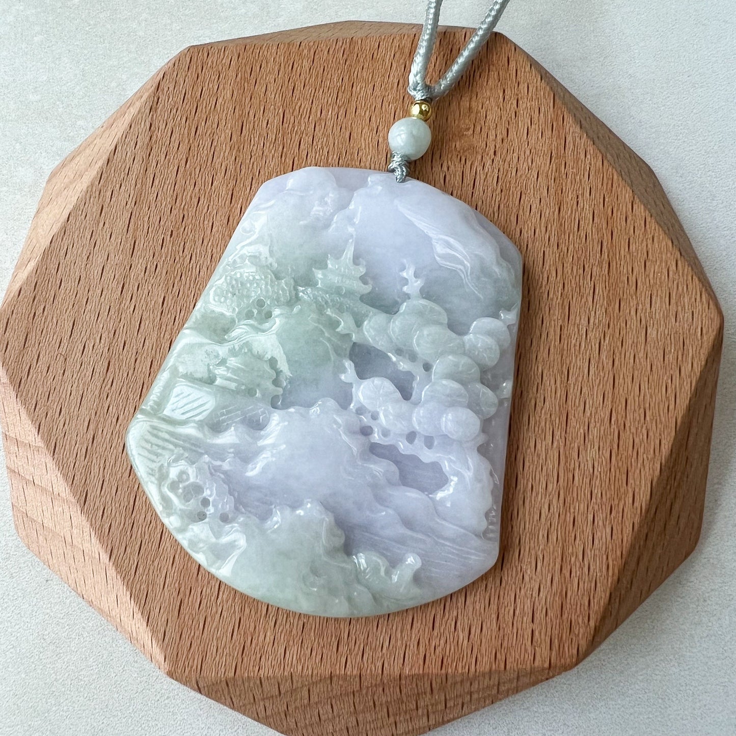 Purple Green Jade, Jadeite Jade Tree, Landscape Mountain Forest River Scenery Hand Carved Pendant Necklace, HYFC-0622-1659050470 - AriaDesignCollection