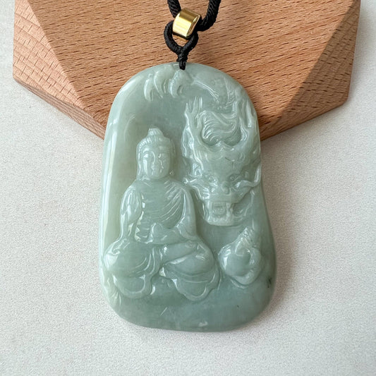 Jadeite Jade Amitabha Buddha Amita Amida and Dragon, Green Carved Pendant Necklace, YJ-0622-0397564 - AriaDesignCollection