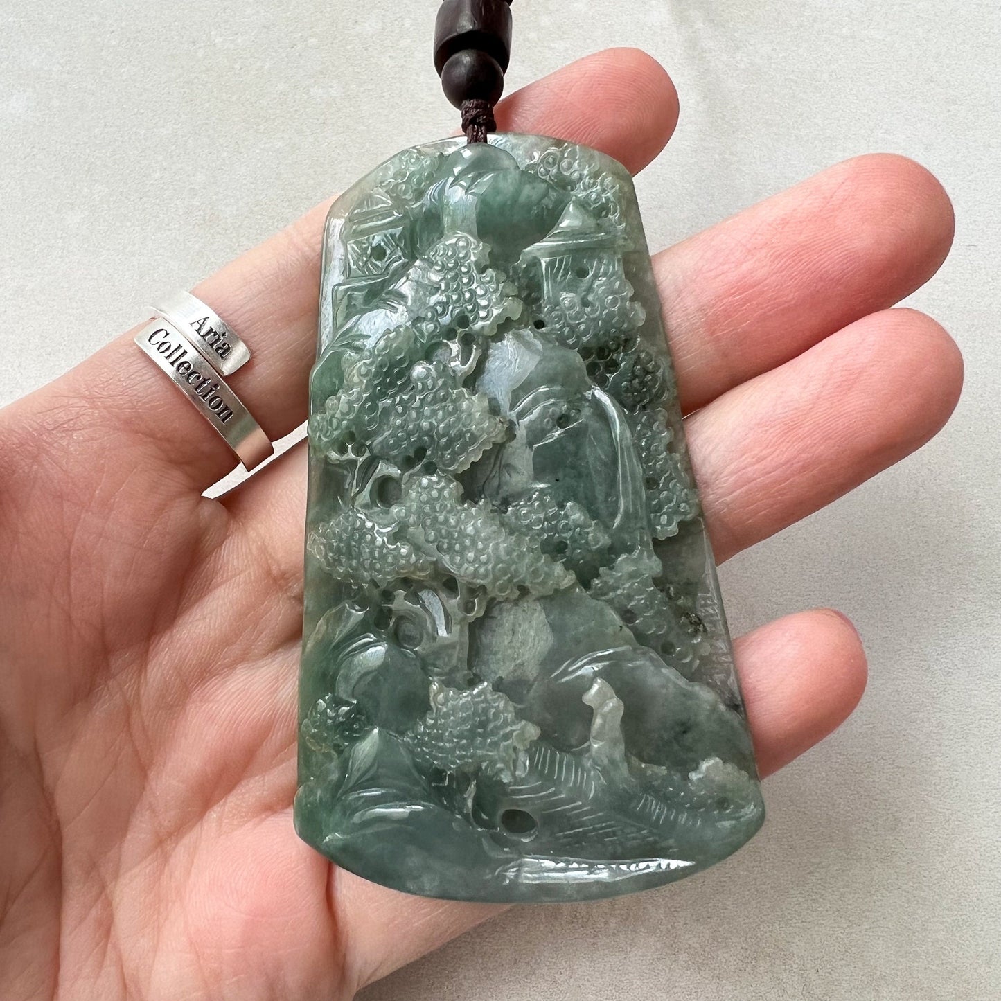 Jadeite Jade Landscape Mountain Forest River Tree, Scenery Hand Carved Pendant Necklace, YJ-0622-0389293 - AriaDesignCollection