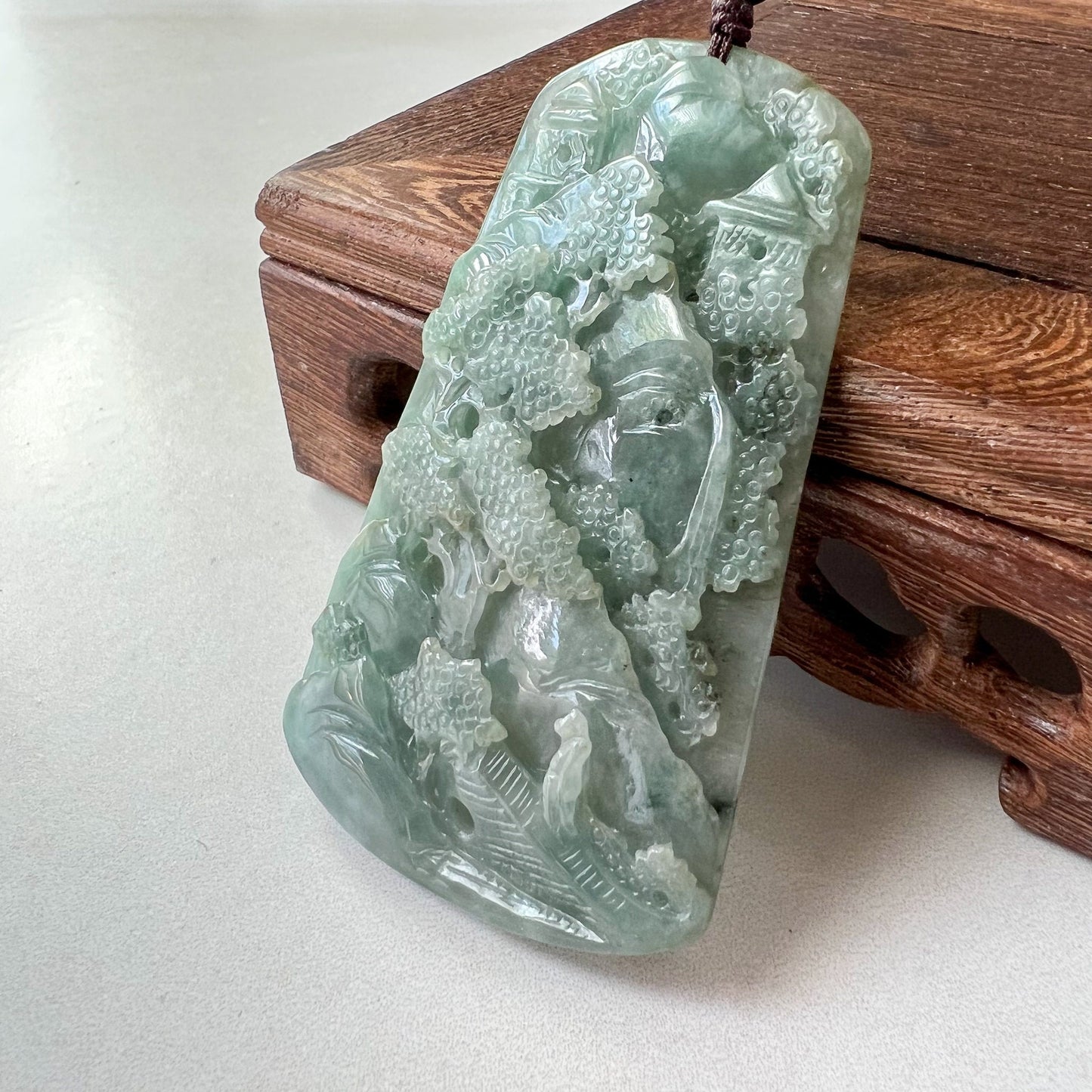 Jadeite Jade Landscape Mountain Forest River Tree, Scenery Hand Carved Pendant Necklace, YJ-0622-0389293 - AriaDesignCollection