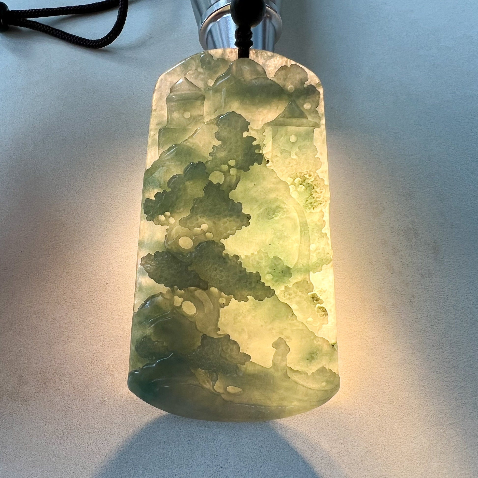 Jadeite Jade Landscape Mountain Forest River Tree, Scenery Hand Carved Pendant Necklace, YJ-0622-0389293 - AriaDesignCollection