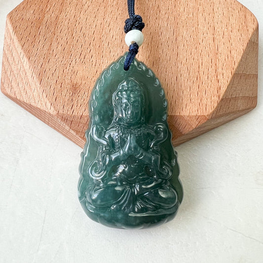 Jadeite Jade Guan Yin Kwan Yin Avalokitesvara Semi-Translucent Carved Pendant Necklace, ZYF-0622-1660944269 - AriaDesignCollection