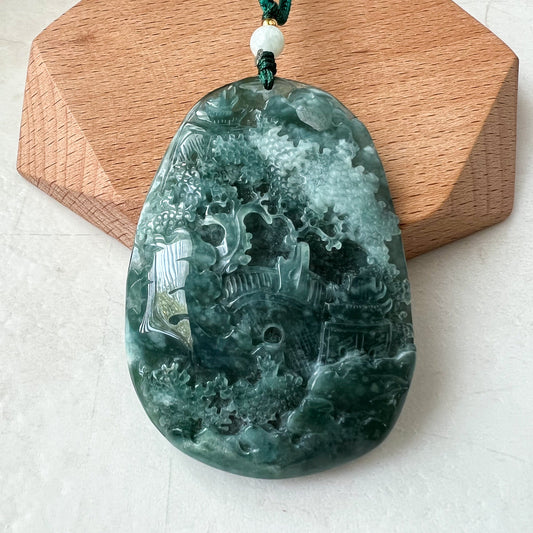Green Blue Jadeite Jade Landscape Tree Mountain Forest River Scenery Hand Carved Pendant Necklace, YJ-0622-1661253501 - AriaDesignCollection
