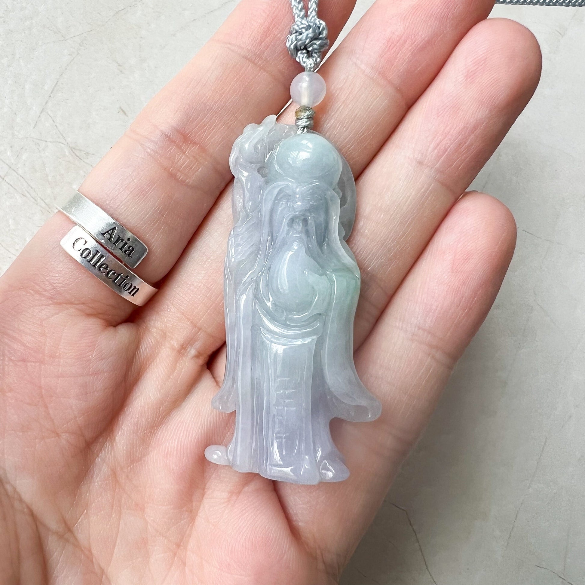 Purple Jadeite Jade Longevity God, Shou Xing,  Carved Pendant Necklace, ZYF-0622-1661279709 - AriaDesignCollection