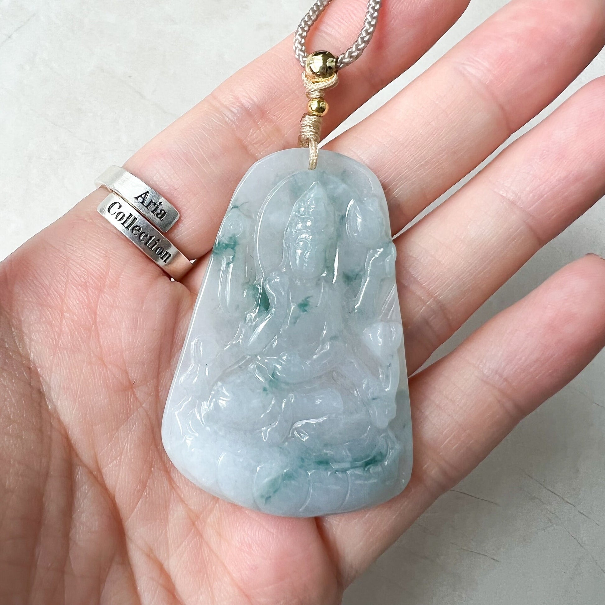 Jadeite Jade Thousand Hand Guan Yin Avalokiteshvara, Quan Am, Icy Green Petaled Jade, Hand Carved Jade Pendant Necklace, YJ-0622-0393627 - AriaDesignCollection