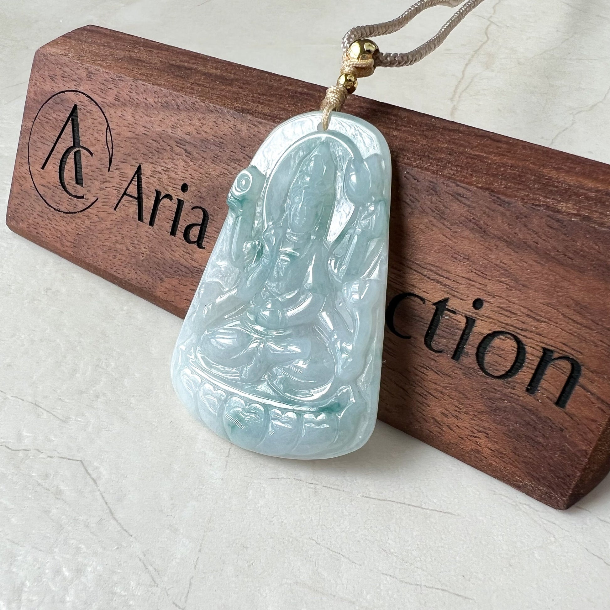 Jadeite Jade Thousand Hand Guan Yin Avalokiteshvara, Quan Am, Icy Green Petaled Jade, Hand Carved Jade Pendant Necklace, YJ-0622-0393627 - AriaDesignCollection