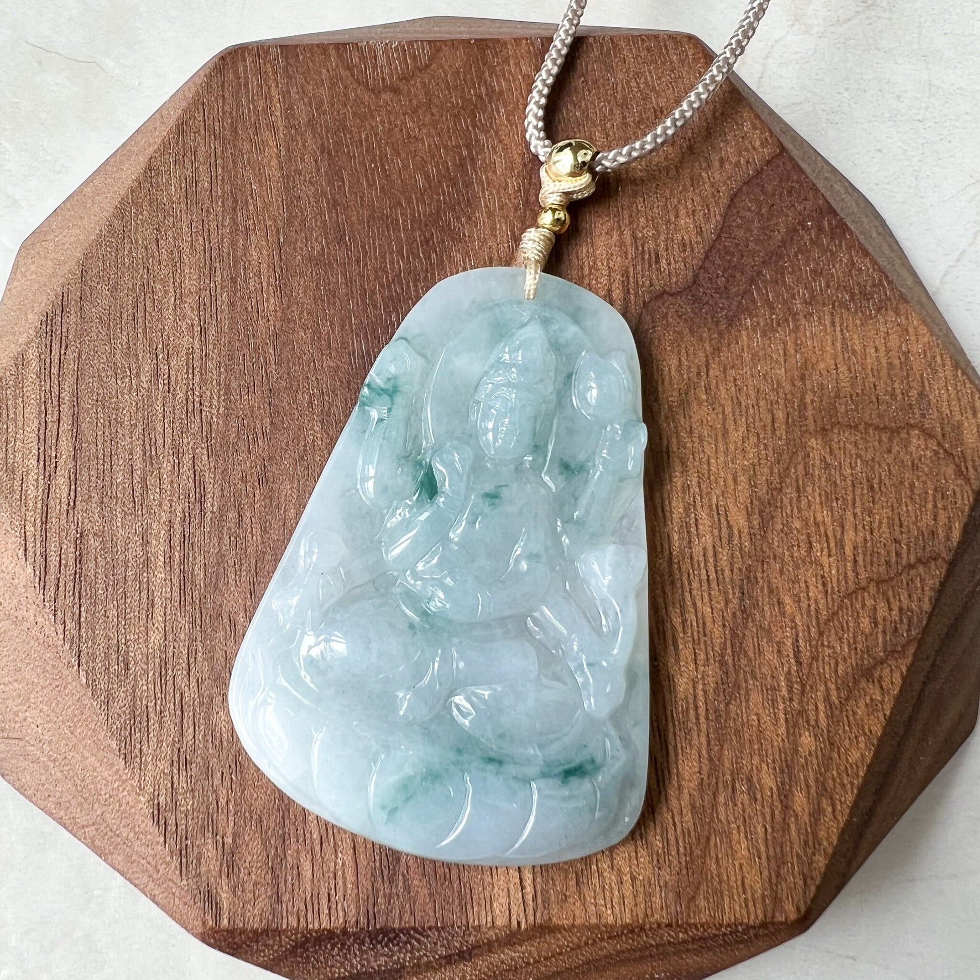 Jadeite Jade Thousand Hand Guan Yin Avalokiteshvara, Quan Am, Icy Green Petaled Jade, Hand Carved Jade Pendant Necklace, YJ-0622-0393627 - AriaDesignCollection