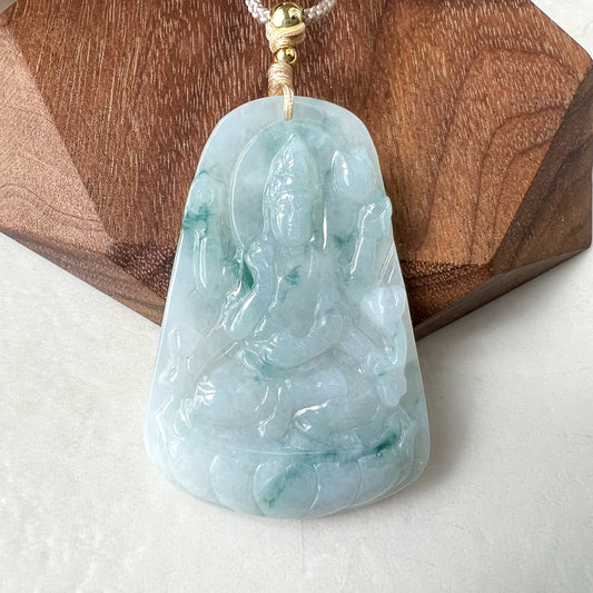 Jadeite Jade Thousand Hand Guan Yin Avalokiteshvara, Quan Am, Icy Green Petaled Jade, Hand Carved Jade Pendant Necklace, YJ-0622-0393627 - AriaDesignCollection