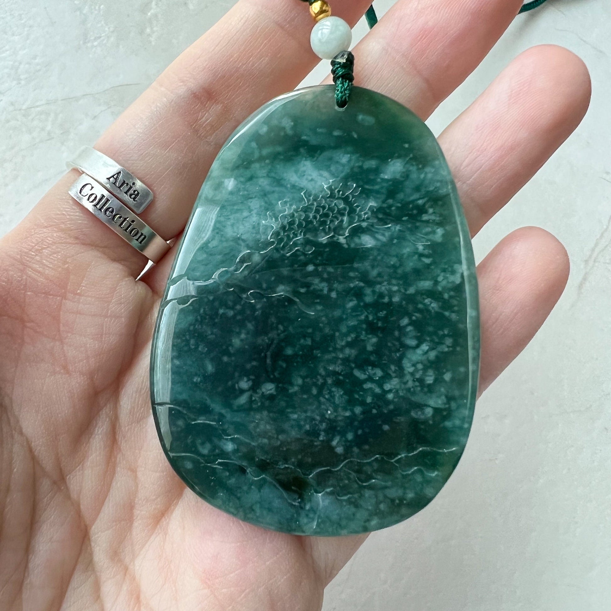 Green Blue Jadeite Jade Landscape Tree Mountain Forest River Scenery Hand Carved Pendant Necklace, YJ-0622-1661253501 - AriaDesignCollection