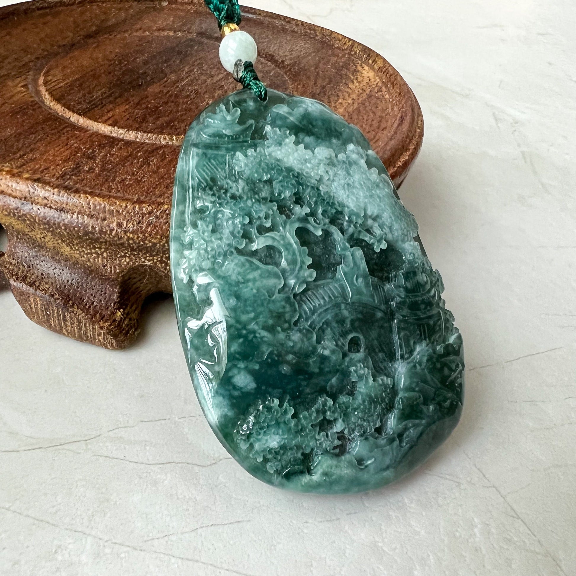 Green Blue Jadeite Jade Landscape Tree Mountain Forest River Scenery Hand Carved Pendant Necklace, YJ-0622-1661253501 - AriaDesignCollection