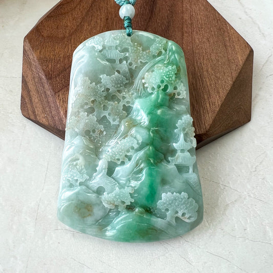 Jadeite Jade Landscape Mountain Forest River Scenery Hand Carved Pendant Necklace, YJ-0622-0415675 - AriaDesignCollection