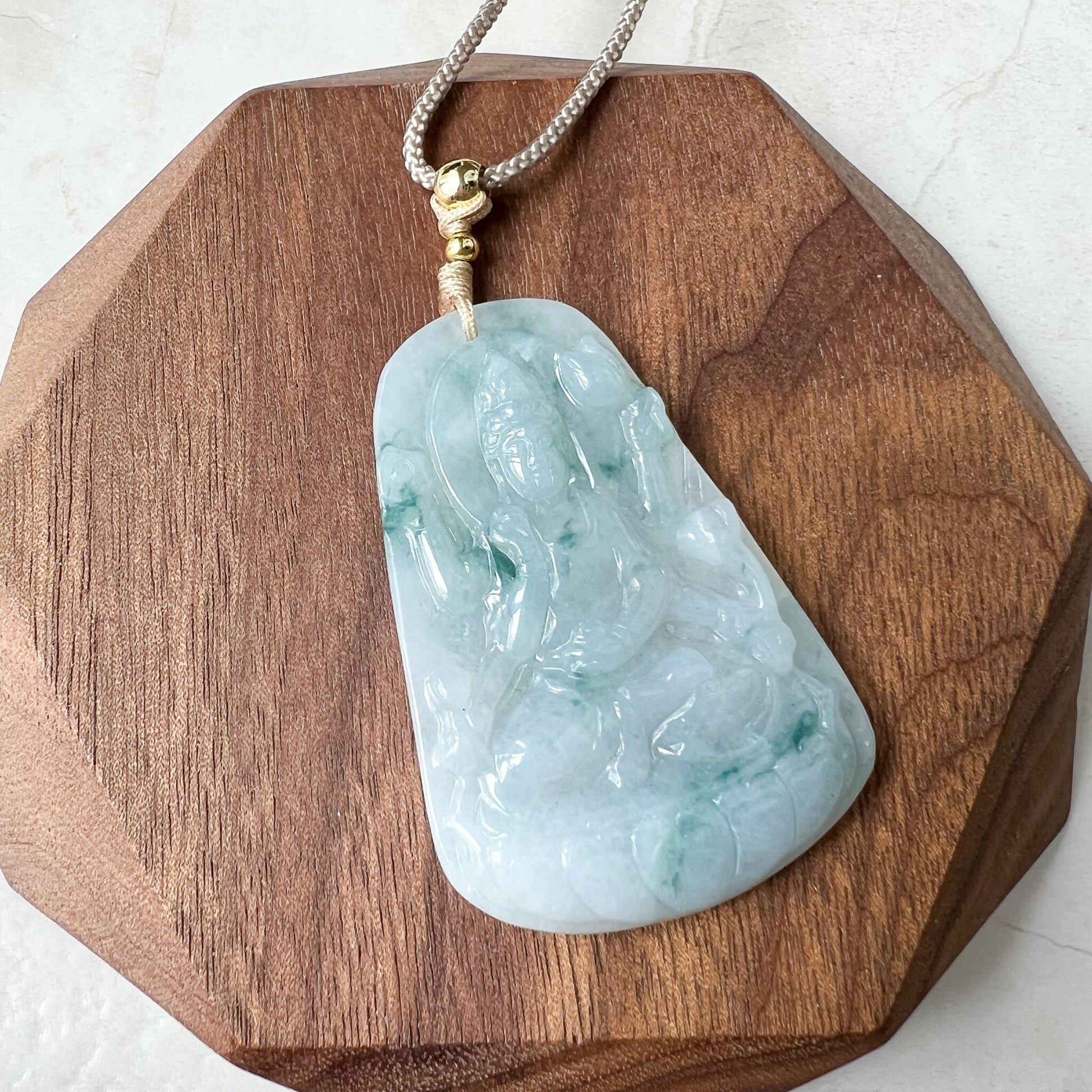 Jadeite Jade Thousand Hand Guan Yin Avalokiteshvara, Quan Am, Icy Green Petaled Jade, Hand Carved Jade Pendant Necklace, YJ-0622-0393627 - AriaDesignCollection