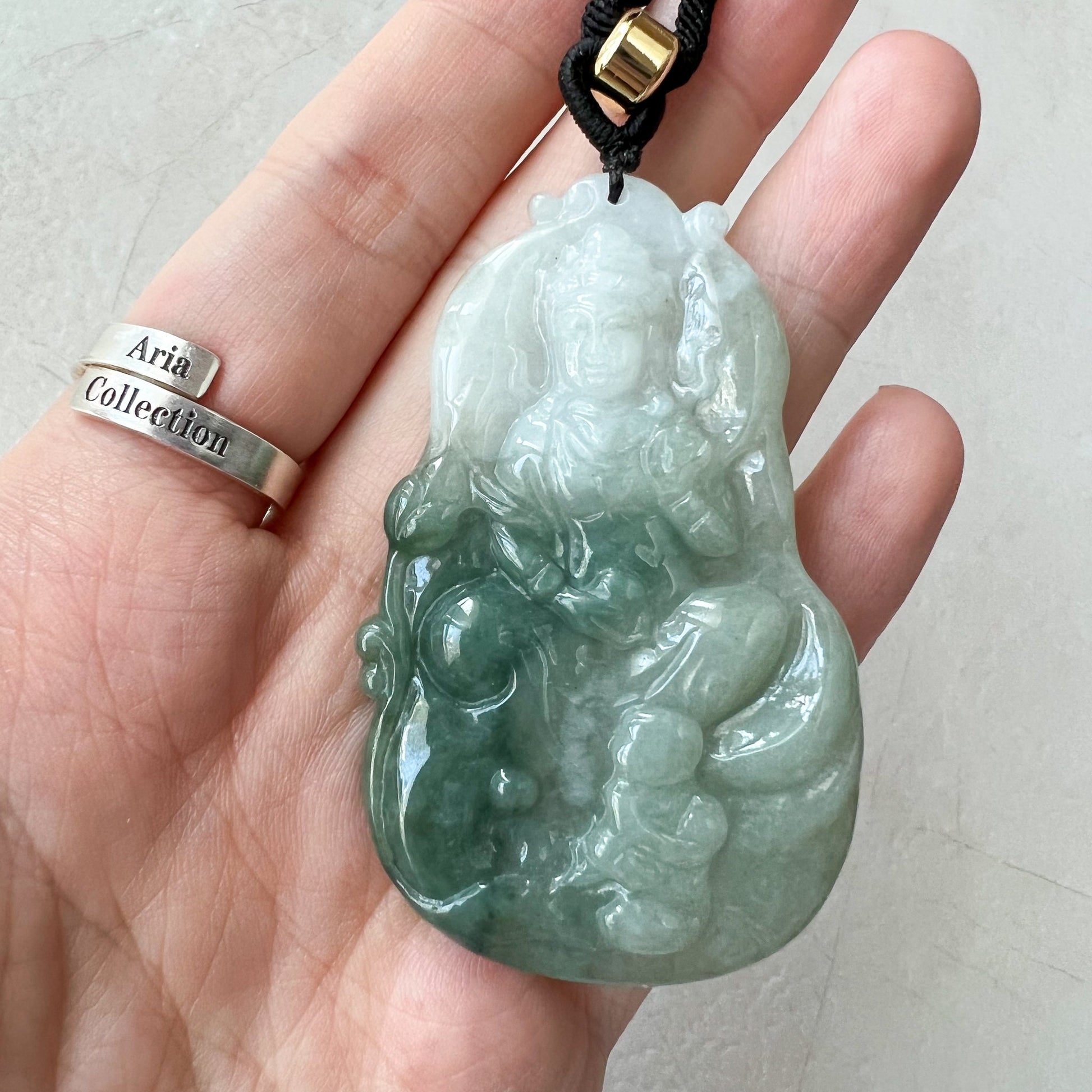 Jadeite Jade Guan Yin Kwan Yin Avalokitesvara Semi-Translucent Carved Pendant Necklace, YJ-0622-0399683 - AriaDesignCollection