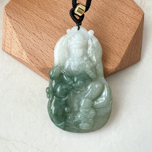 Jadeite Jade Guan Yin Kwan Yin Avalokitesvara Semi-Translucent Carved Pendant Necklace, YJ-0622-0399683 - AriaDesignCollection
