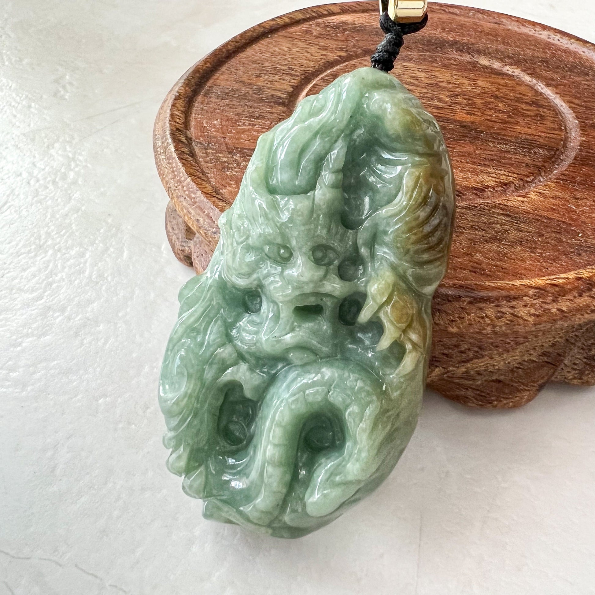 Green Jadeite Jade Dragon Chinese Zodiac Hand Carved Pendant Necklace, YJ-0622-0379830 - AriaDesignCollection