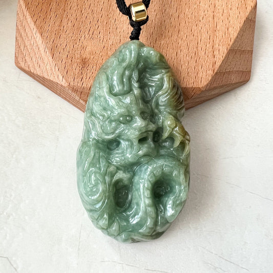 Green Jadeite Jade Dragon Chinese Zodiac Hand Carved Pendant Necklace, YJ-0622-0379830 - AriaDesignCollection