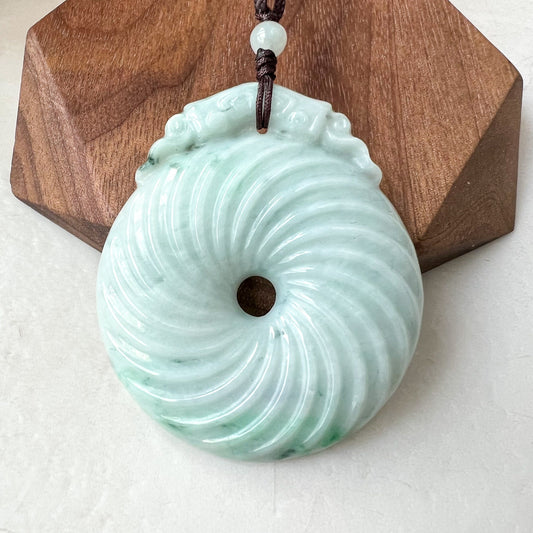 Large Swirl Green Jadeite Jade Circle Donut Carved Necklace, YJ-0622-0403325 - AriaDesignCollection
