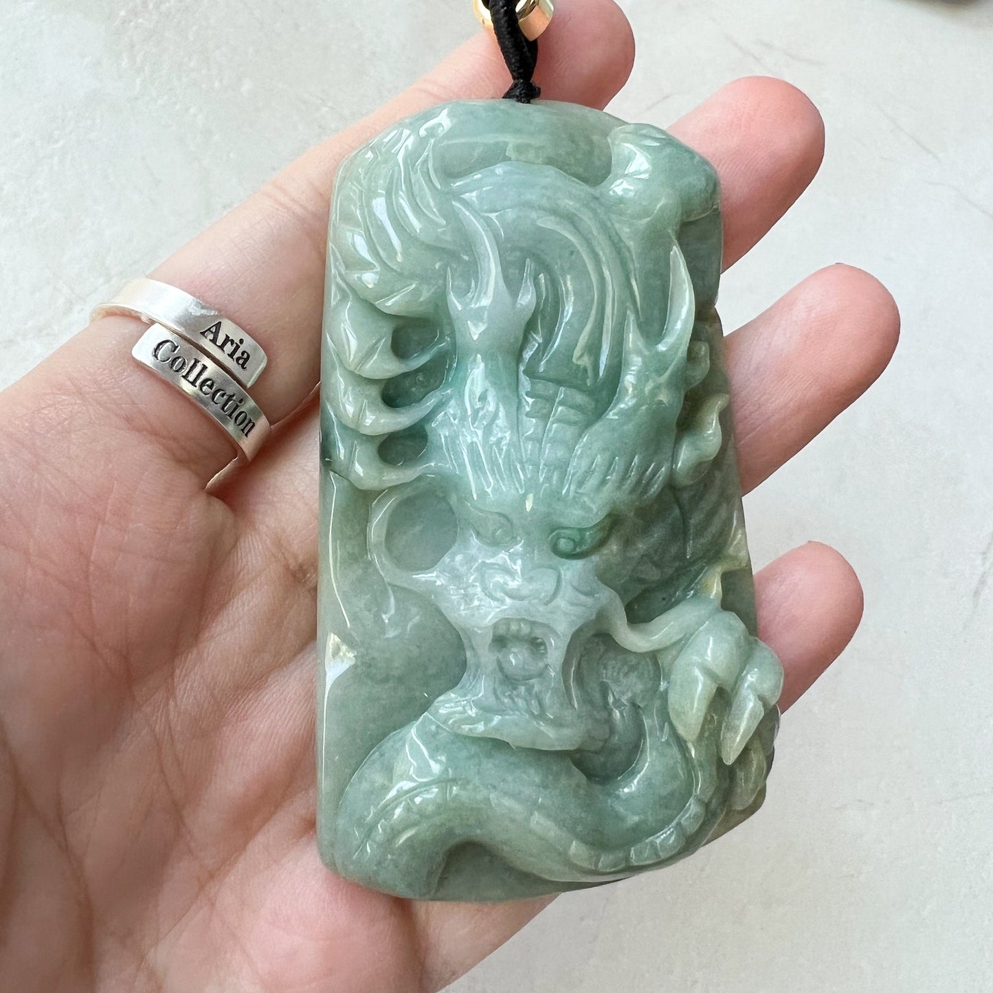 Green Jadeite Jade Dragon Chinese Zodiac Hand Carved Pendant Necklace, YJ-0622-0373772 - AriaDesignCollection