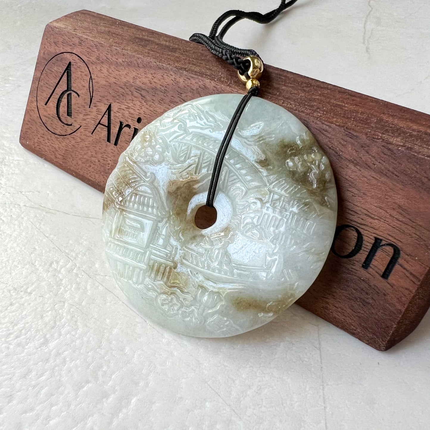 Jadeite Jade Landscape Mountain Forest River Scenery, Yellow Brown Jade, Hand Carved Pendant Necklace, YJ-0622-0427831 - AriaDesignCollection