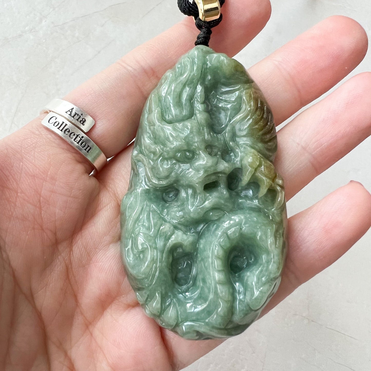 Green Jadeite Jade Dragon Chinese Zodiac Hand Carved Pendant Necklace, YJ-0622-0379830 - AriaDesignCollection