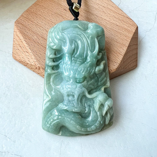 Green Jadeite Jade Dragon Chinese Zodiac Hand Carved Pendant Necklace, YJ-0622-0373772 - AriaDesignCollection