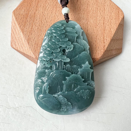 Jadeite Jade Landscape Mountain Forest River Scenery Hand Carved Pendant Necklace, Green Blue Jade, ZYF-0622-1666560519 - AriaDesignCollection
