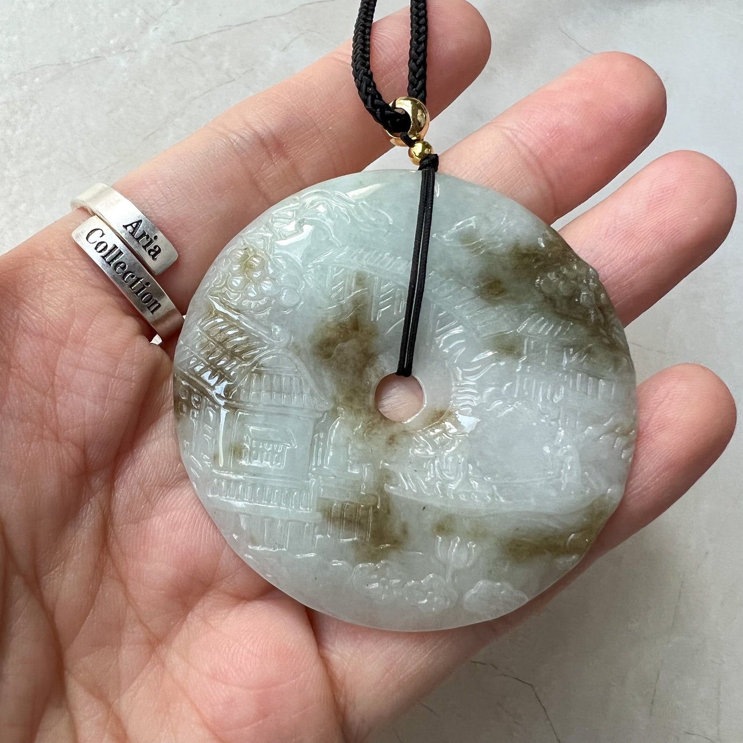 Jadeite Jade Landscape Mountain Forest River Scenery, Yellow Brown Jade, Hand Carved Pendant Necklace, YJ-0622-0427831 - AriaDesignCollection