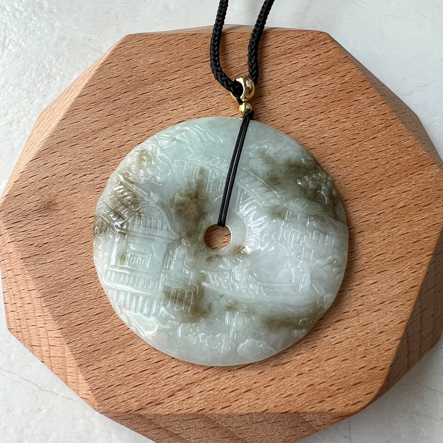 Jadeite Jade Landscape Mountain Forest River Scenery, Yellow Brown Jade, Hand Carved Pendant Necklace, YJ-0622-0427831 - AriaDesignCollection