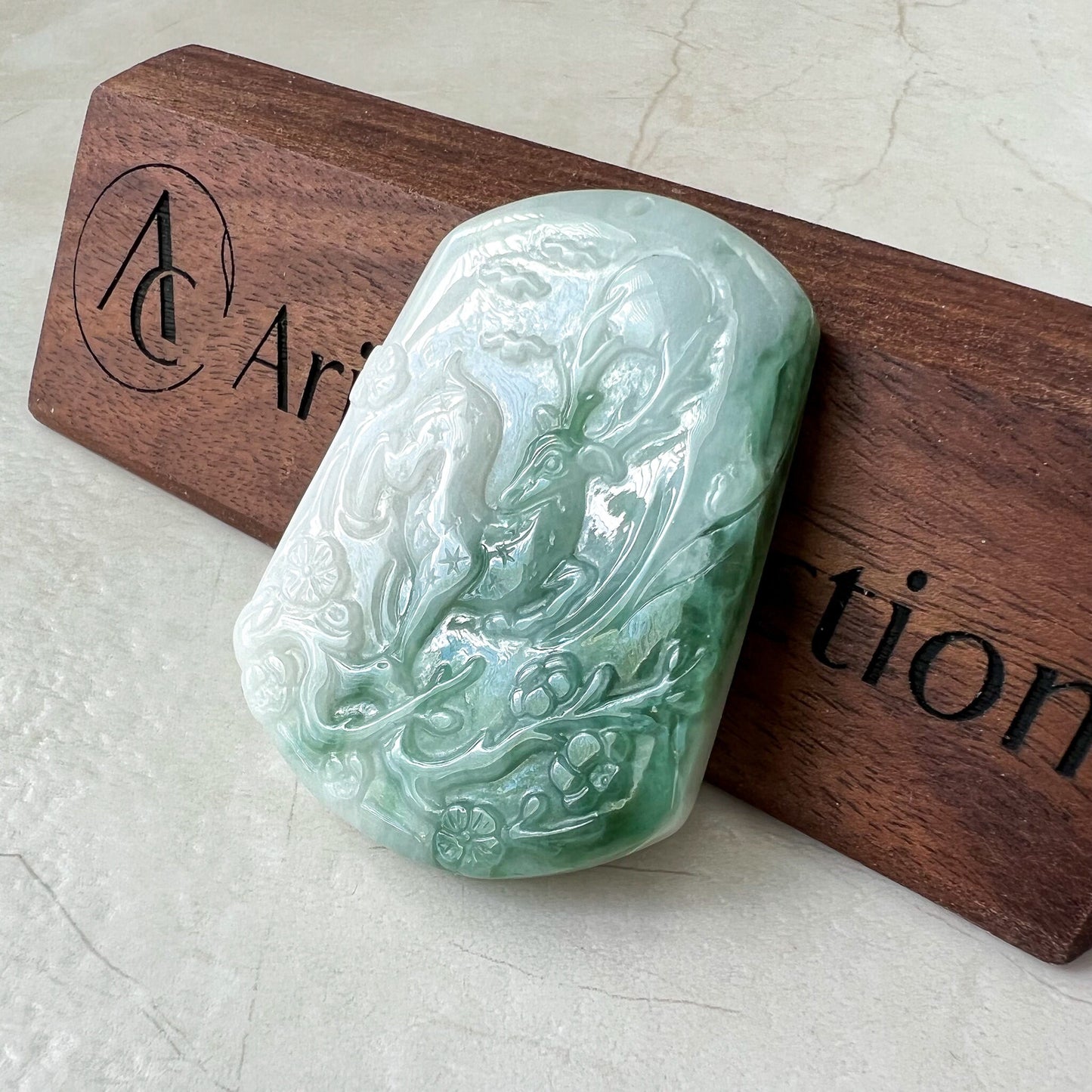 Green White Jadeite Jade Deer in Forest Hand Carved Pendant Necklace, YJ-0622-0379019 - AriaDesignCollection