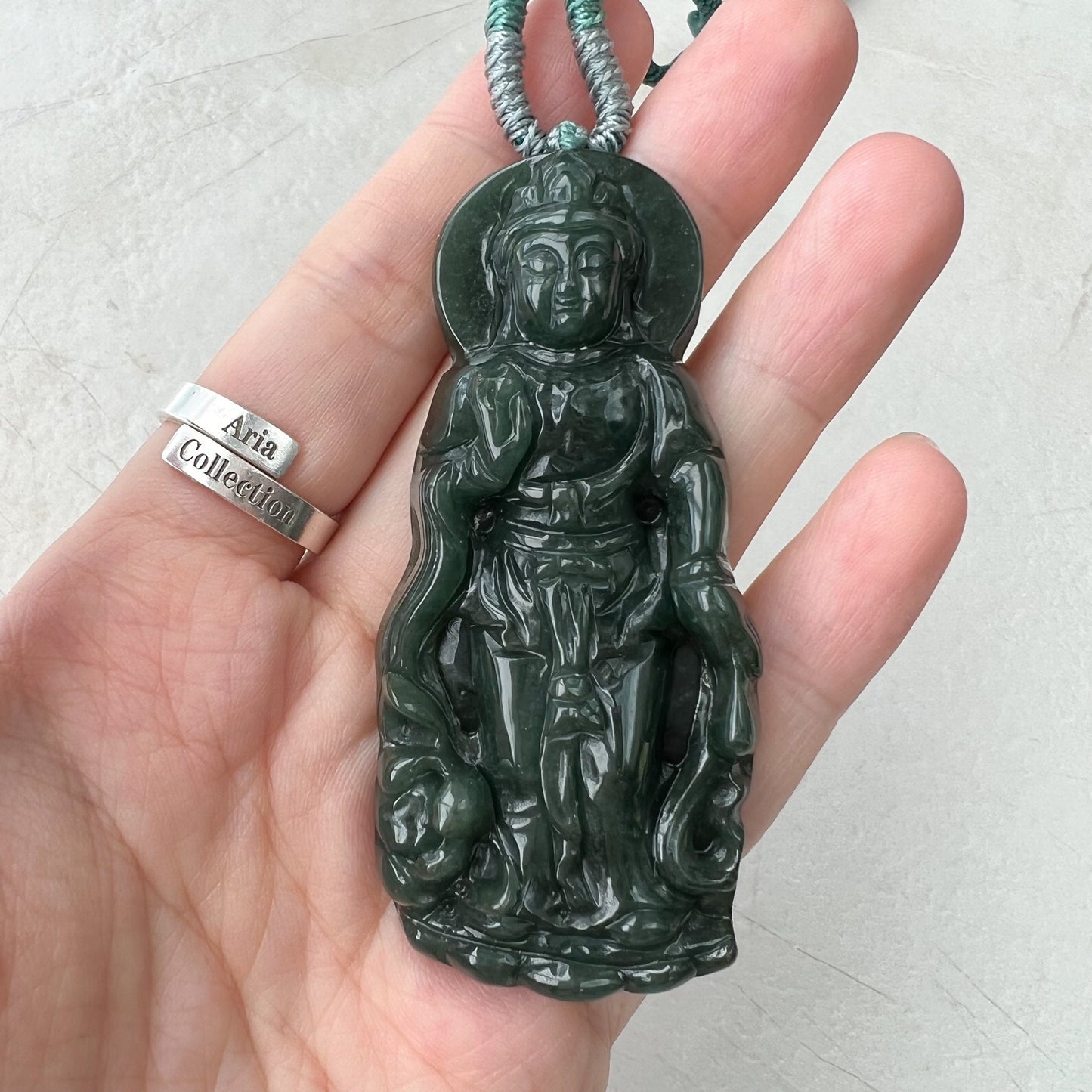 Jadeite Jade Standing Guan Yin Avalokiteshvara Carved Pendant Necklace, Quan Am, YJ-1221-0308299 - AriaDesignCollection