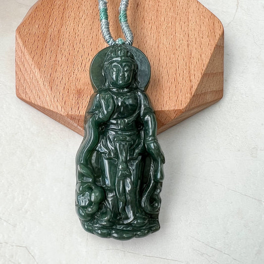 Jadeite Jade Standing Guan Yin Avalokiteshvara Carved Pendant Necklace, Quan Am, YJ-1221-0308299 - AriaDesignCollection