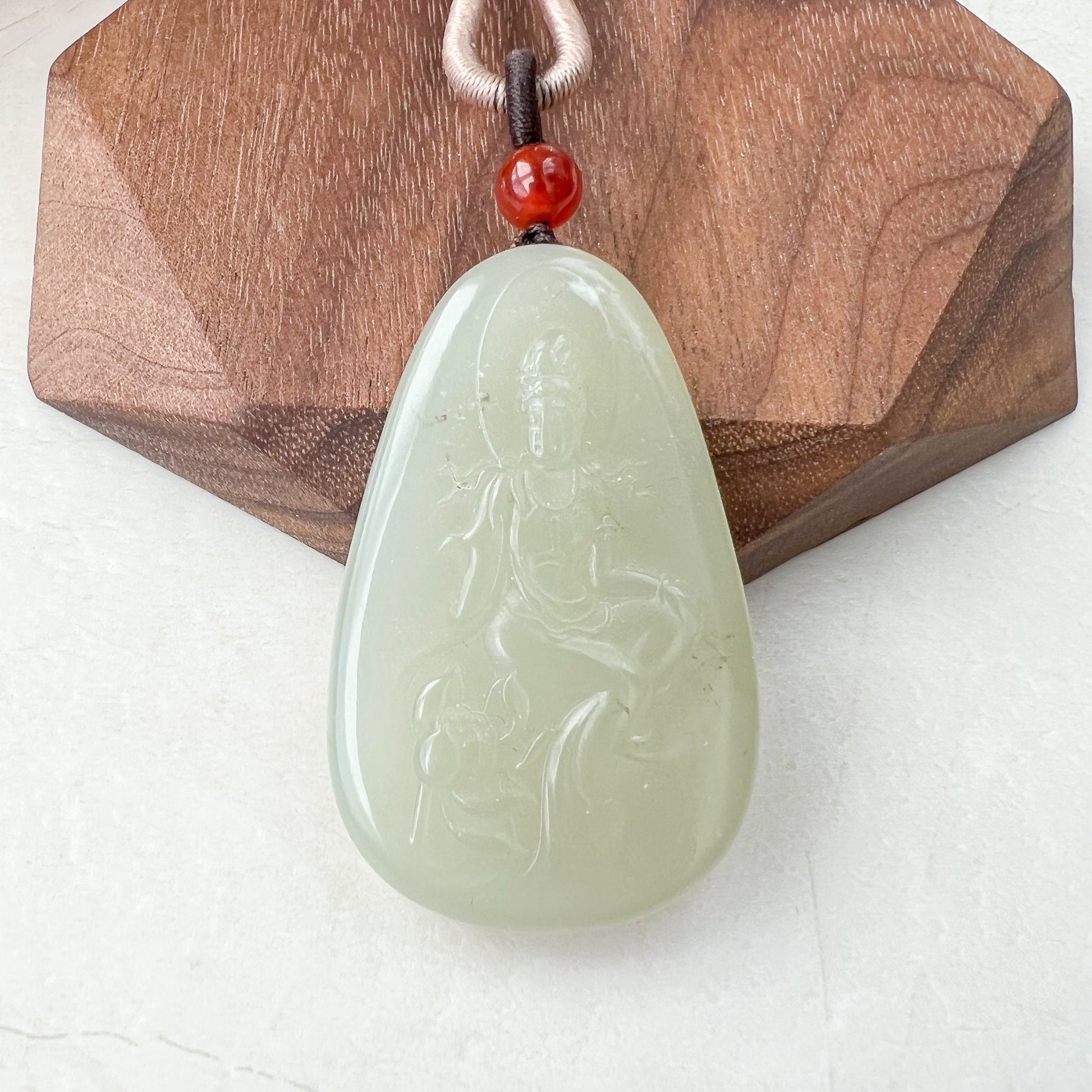 Light Green Yellow Nephrite Jade Guan Yin Necklace, Quan Am, , JS-0922-1667880614 - AriaDesignCollection