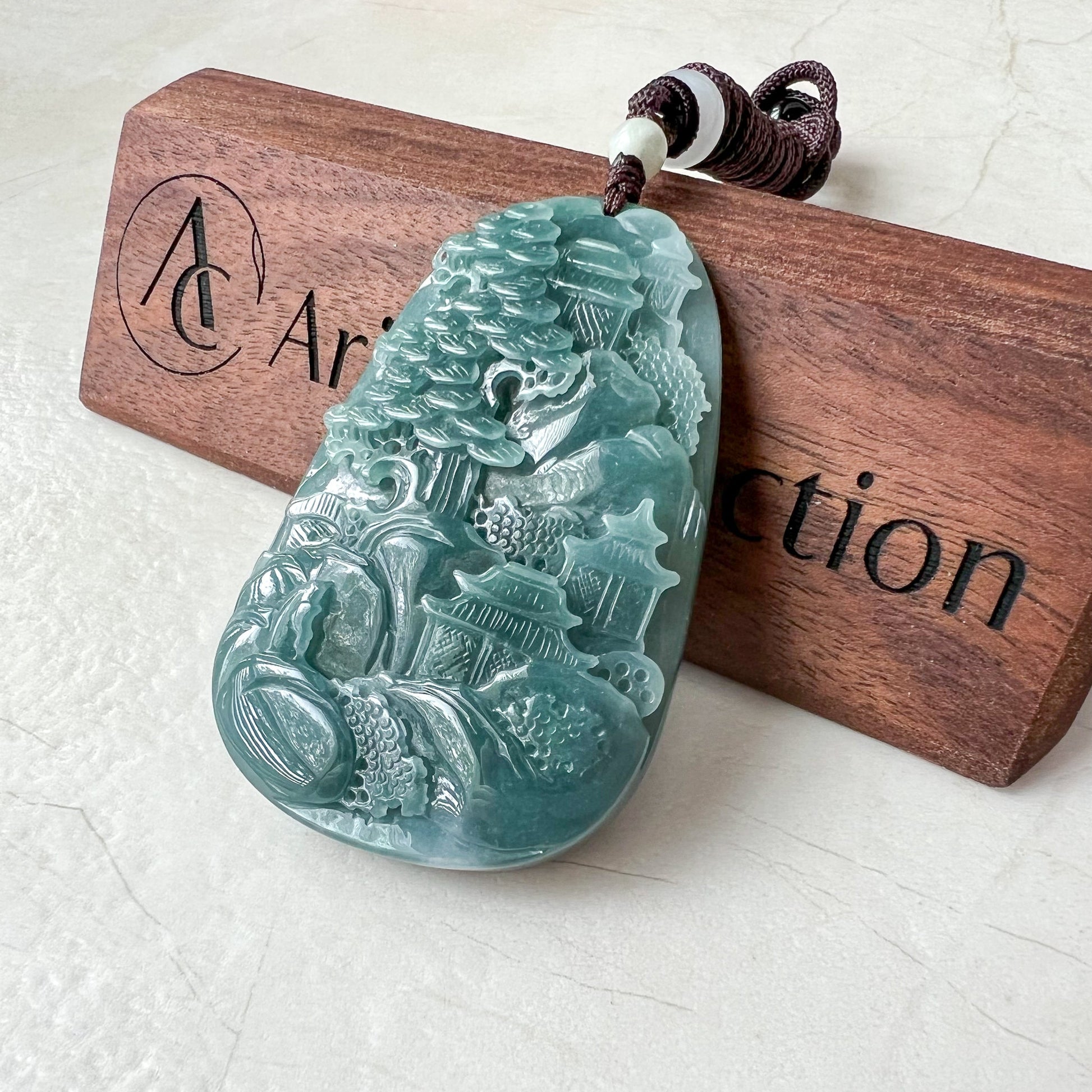 Jadeite Jade Landscape Mountain Forest River Scenery Hand Carved Pendant Necklace, Green Blue Jade, ZYF-0622-1666560519 - AriaDesignCollection