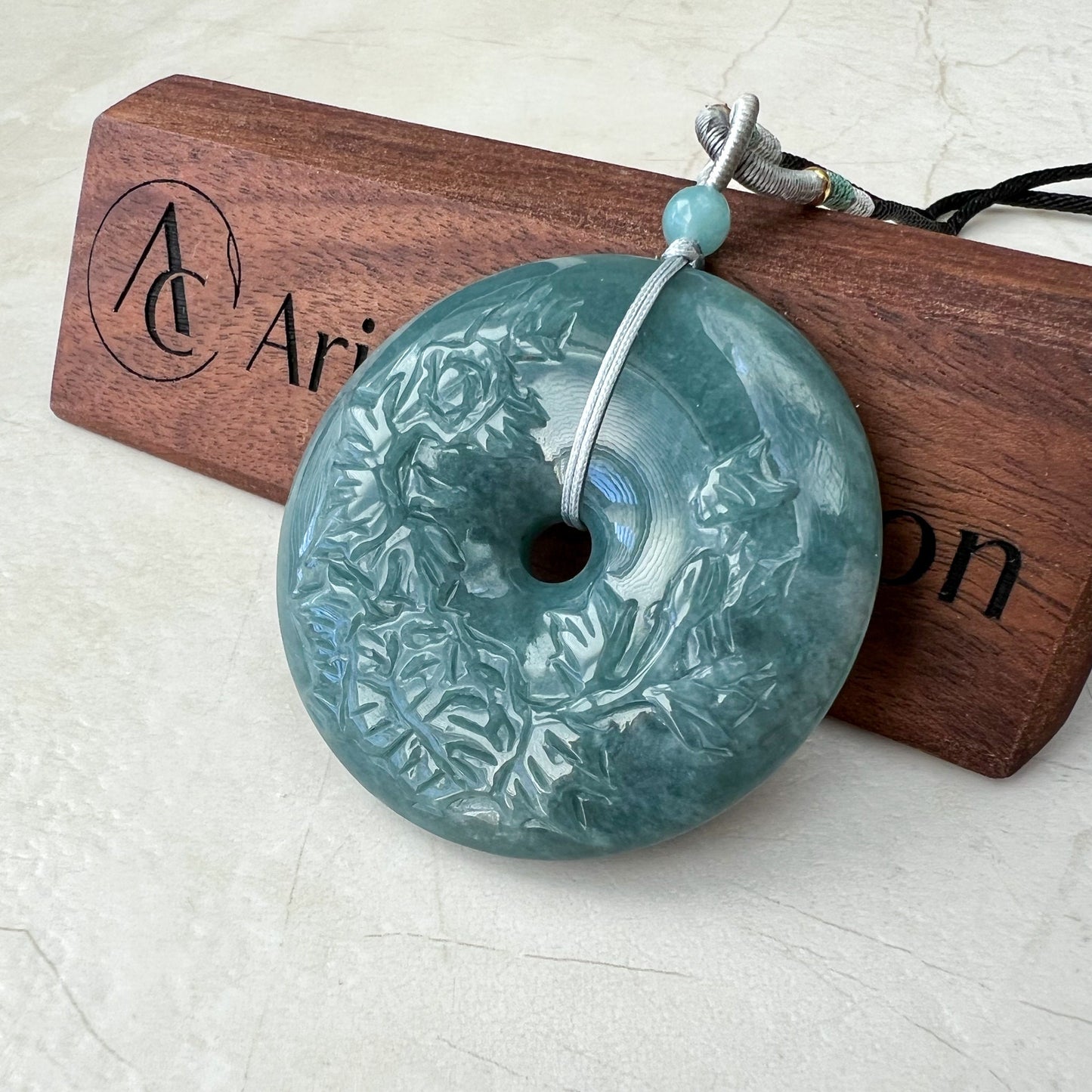 Blue Green Jadeite Jade Flower Large Circle Donut Carved Necklace, XZ-0822-0004764 - AriaDesignCollection