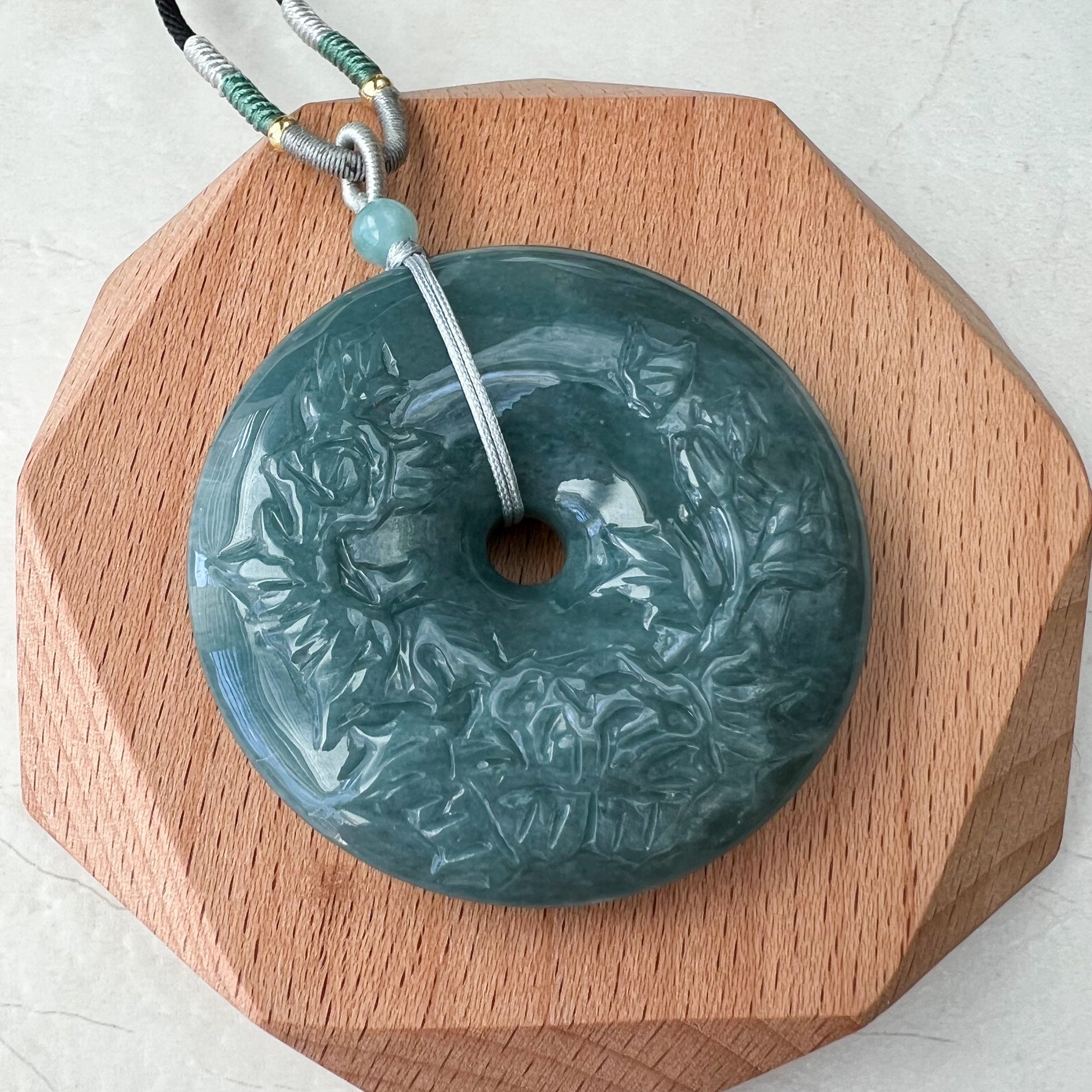 Blue Green Jadeite Jade Flower Large Circle Donut Carved Necklace, XZ-0822-0004764 - AriaDesignCollection