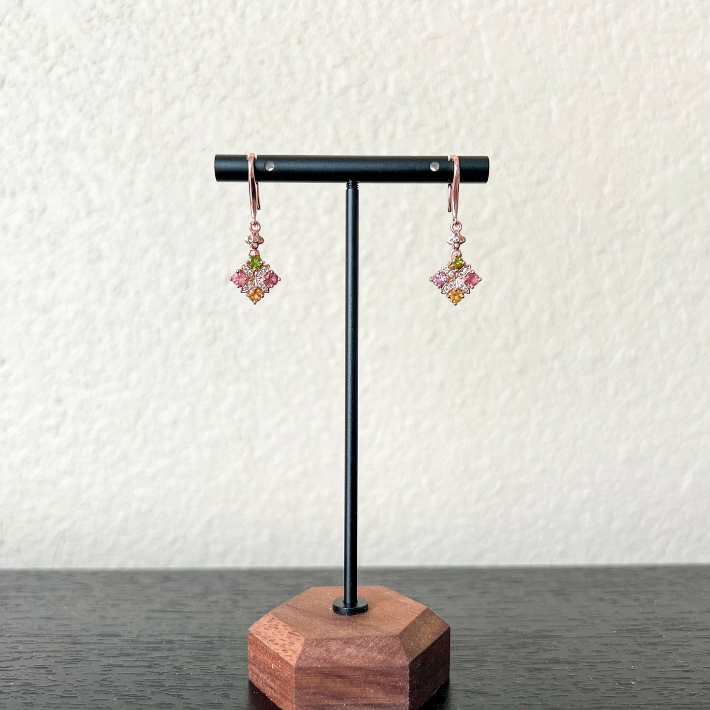 Multi Color Tourmaline Dangle Rose Gold Plated Sterling Silver Earrings, Pink Green Purple Yellow Tourmaline, YS-0722-1668394176 - AriaDesignCollection