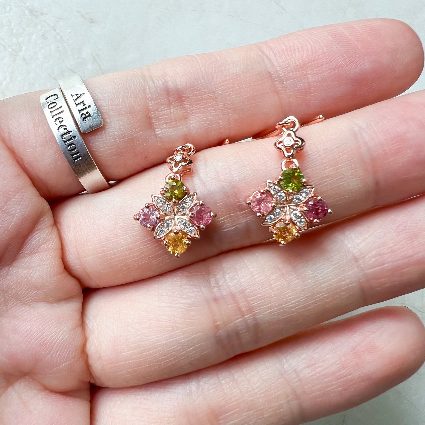 Multi Color Tourmaline Dangle Rose Gold Plated Sterling Silver Earrings, Pink Green Purple Yellow Tourmaline, YS-0722-1668394176 - AriaDesignCollection