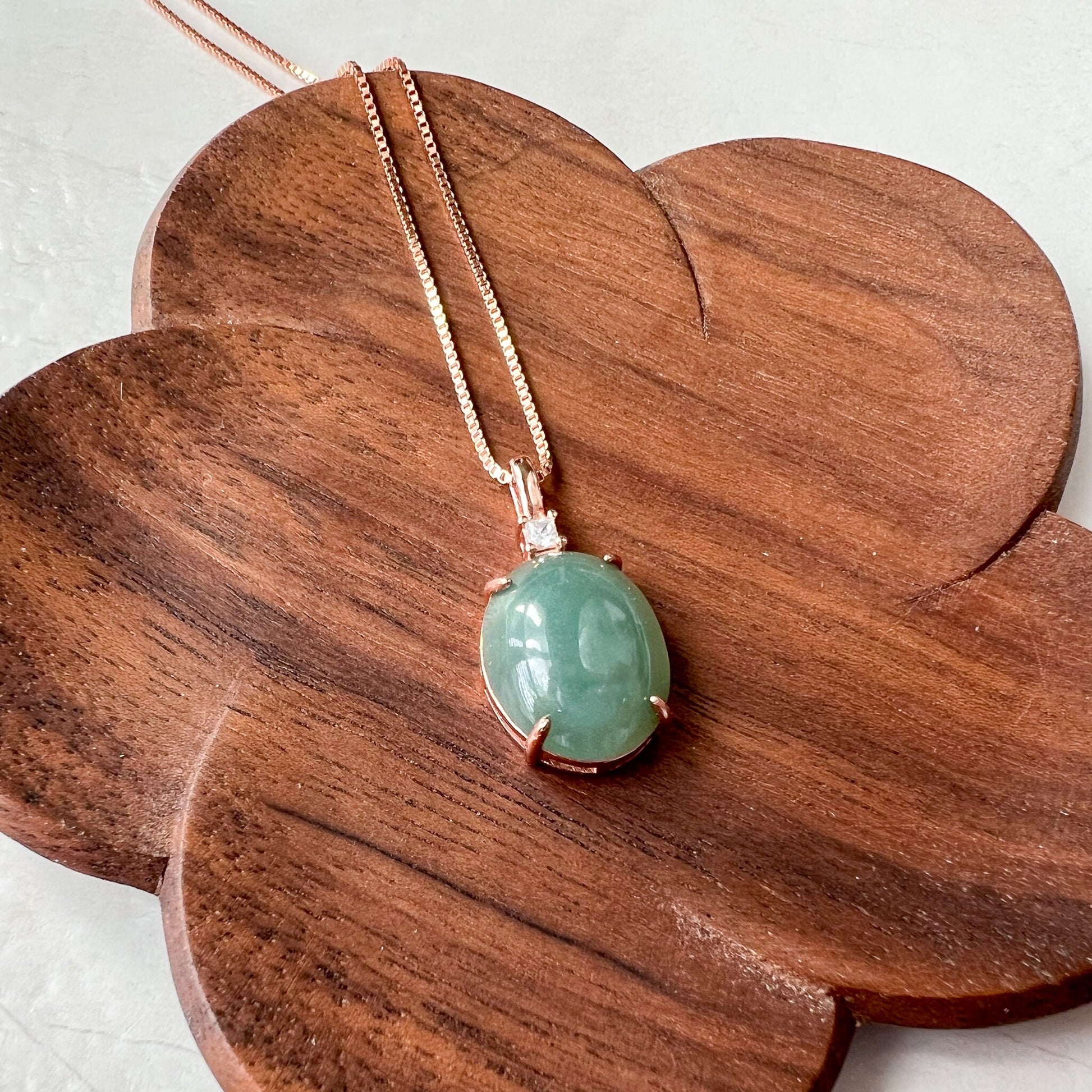 Green Jade Round Cabochon Pendant, Jadeite Jade, Rose Gold Sterling Silver Pendant Necklace, LM-0422-1668398354 - AriaDesignCollection