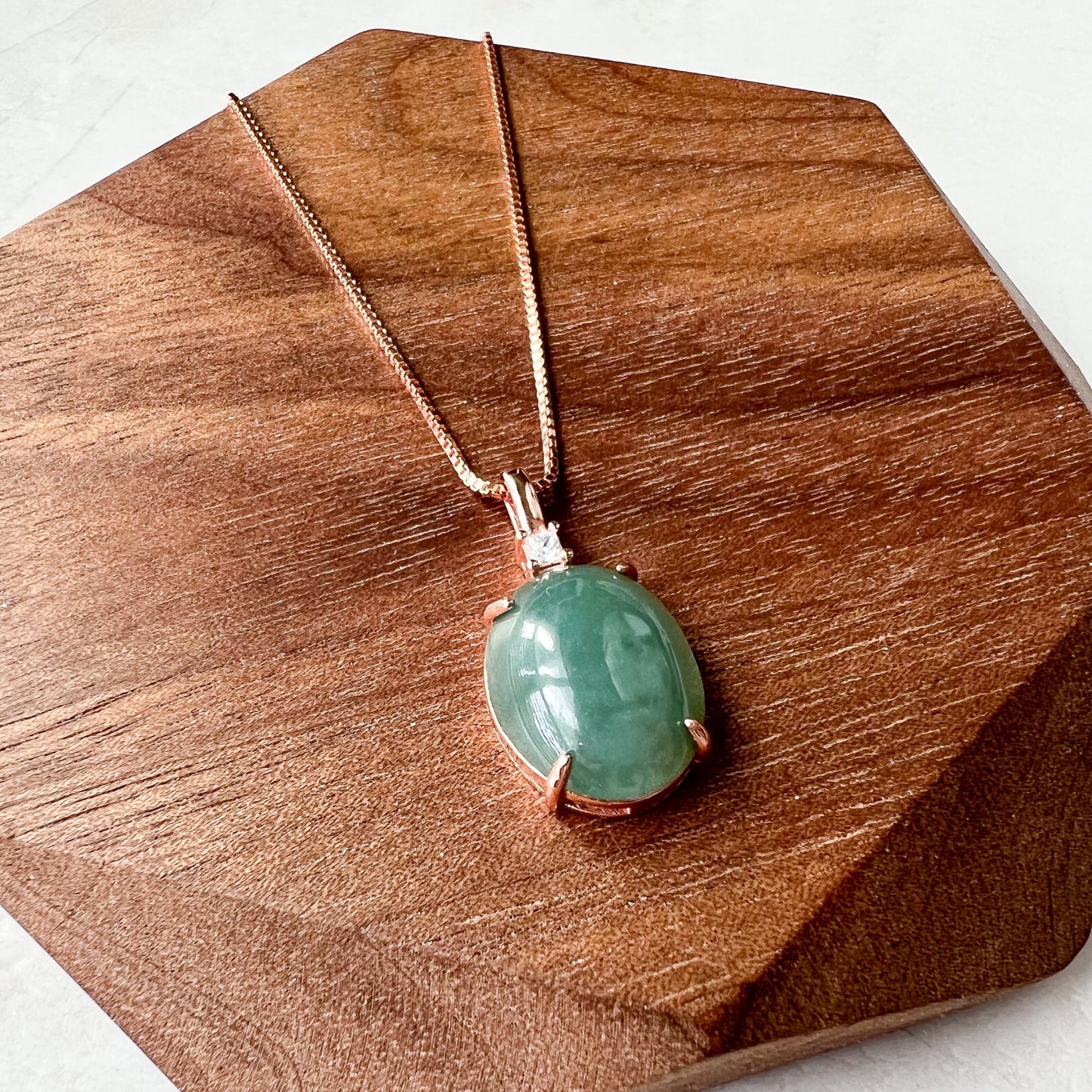 Green Jade Round Cabochon Pendant, Jadeite Jade, Rose Gold Sterling Silver Pendant Necklace, LM-0422-1668398354 - AriaDesignCollection